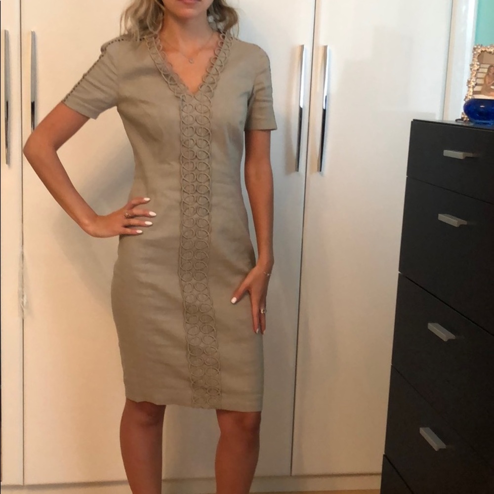 Elie Tahari Grey V Neck Bodycon Linen Dress